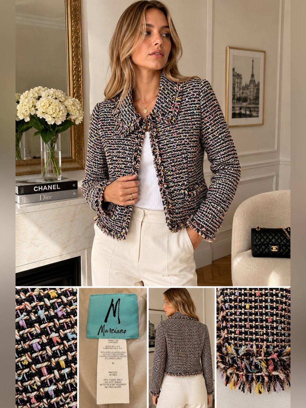 Marciano Multicolor Bouclé Fringe Tweed Jacket Y2K Blazer M
